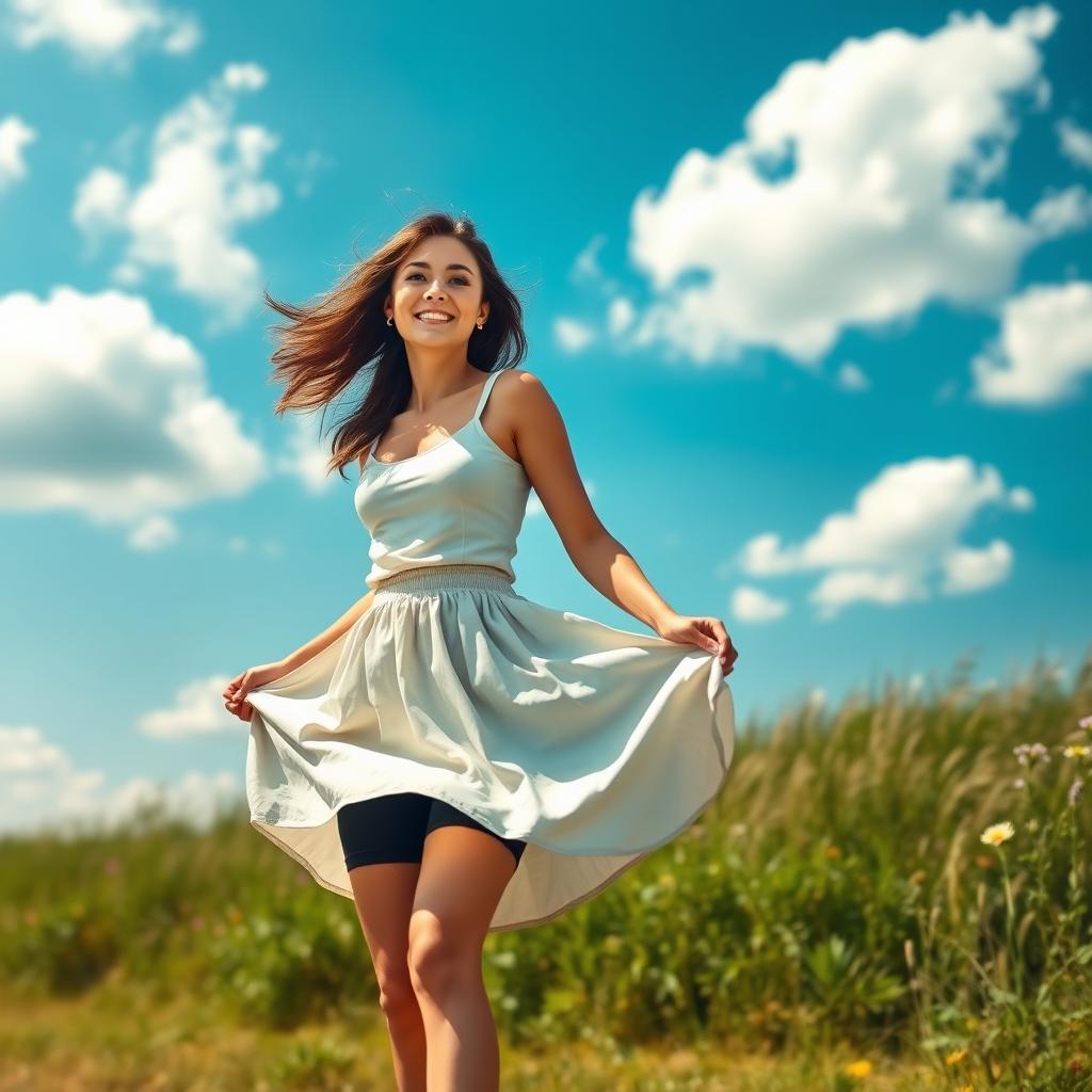 A woman standing in an open field on a breezy day, her light-colored skirt lifted by a gentle gust, revealing stylish black cycling shorts underneath