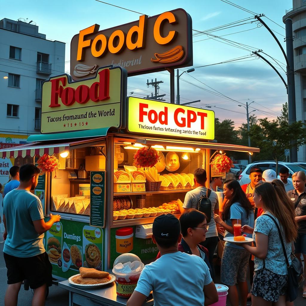 A vibrant street food scene featuring a variety of delicious dishes from around the world, with a colorful food cart named 'Food GPT'