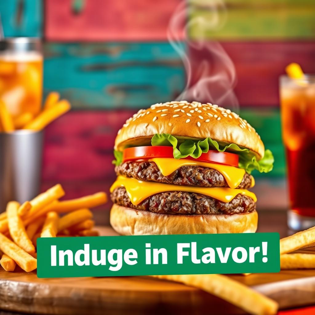 A vibrant, appetizing photo advertisement featuring a gourmet burger loaded with fresh ingredients, including a perfectly grilled beef patty, crispy lettuce, juicy tomato, melted cheddar cheese, and a special sauce, all served in a freshly baked sesame seed bun