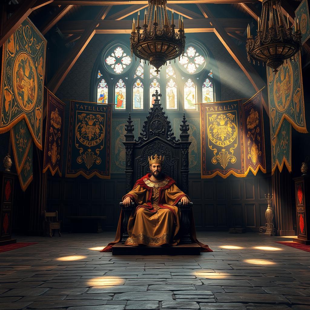 A medieval throne room, richly decorated with elaborate tapestries and banners showcasing the kingdom's crest