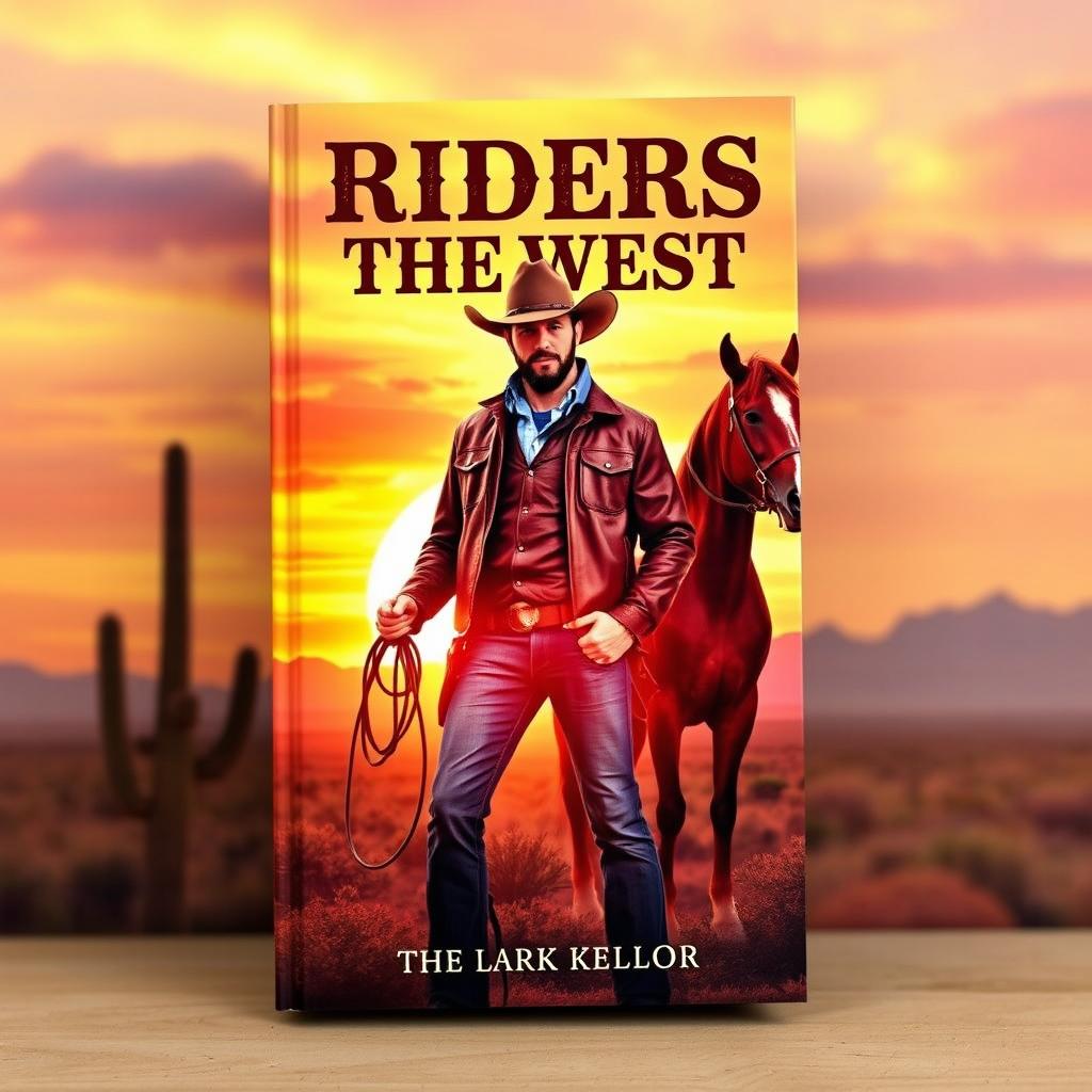 A beautiful Western-themed book cover featuring a rugged cowboy in a classic Stetson hat and leather jacket, standing against a breathtaking sunset over a desert landscape
