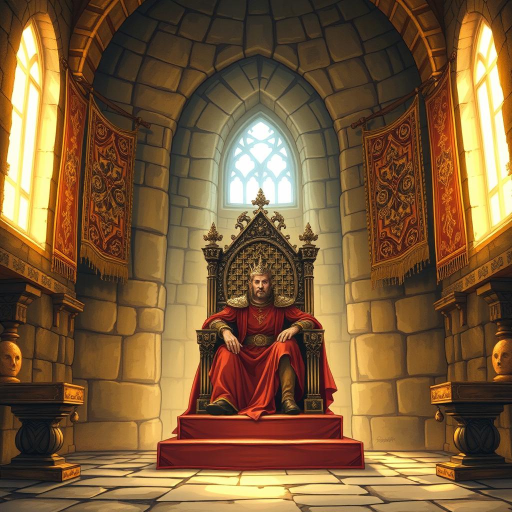 A medieval throne room interior, richly detailed with high stone walls and ornate tapestries hanging