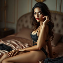 Eighteen-year-old tan Arabic Latina model, petite with brunette hair, very skinny with a small bust and small buttocks, elegantly dressed in seductive lingerie
