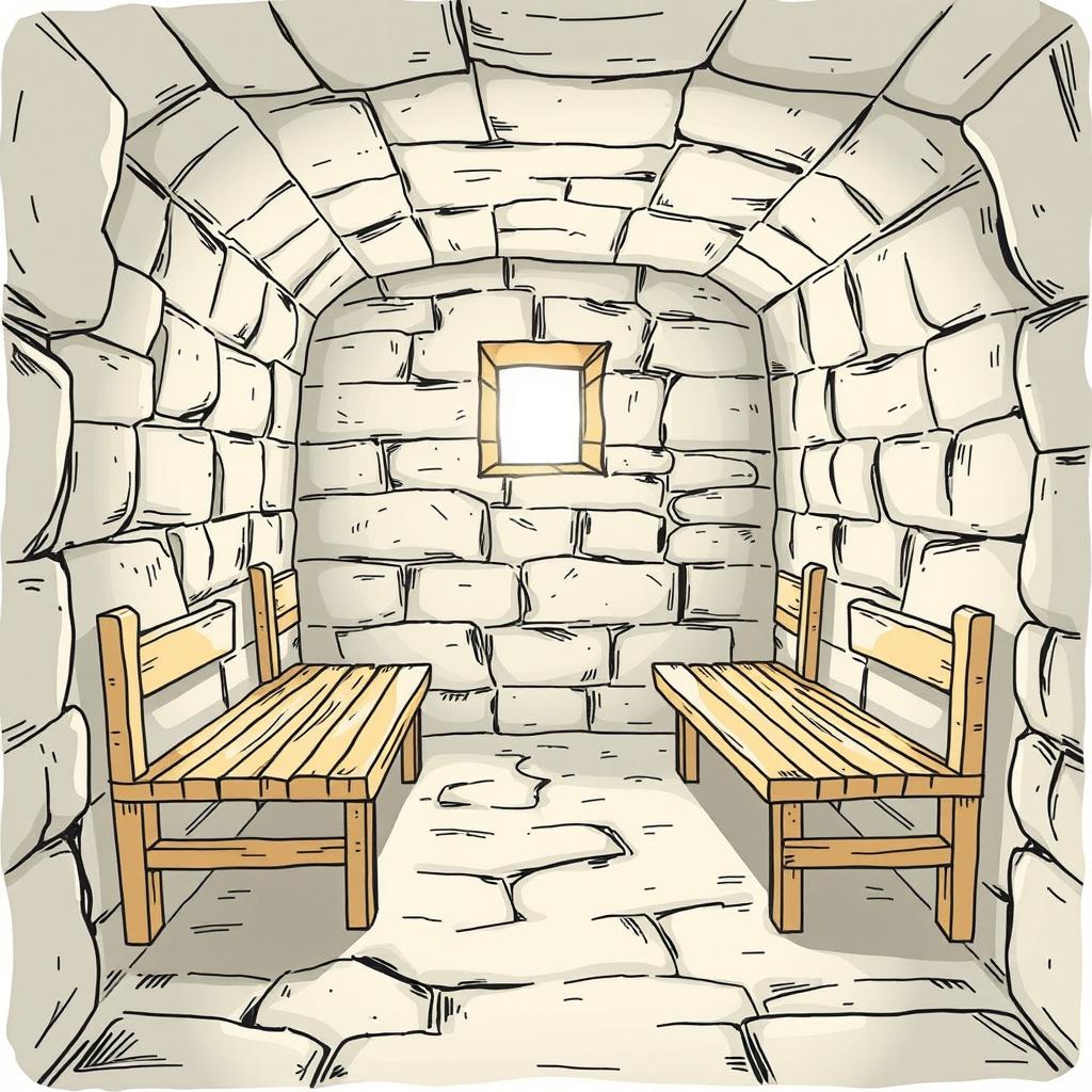 A stone prison cell with no windows, featuring four wooden bunks (shkonki) arranged against the walls
