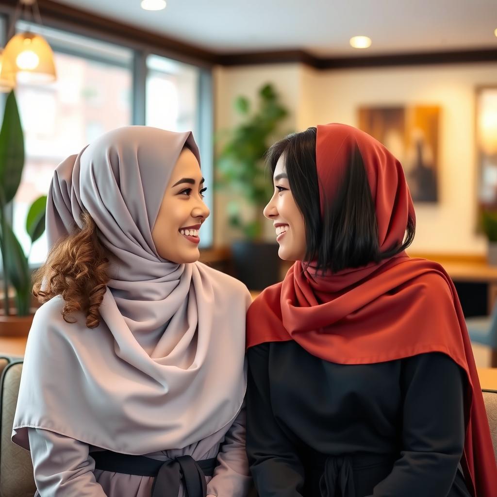 A beautiful scene featuring two women wearing stylish hijabs, sharing an intimate moment in a cozy café