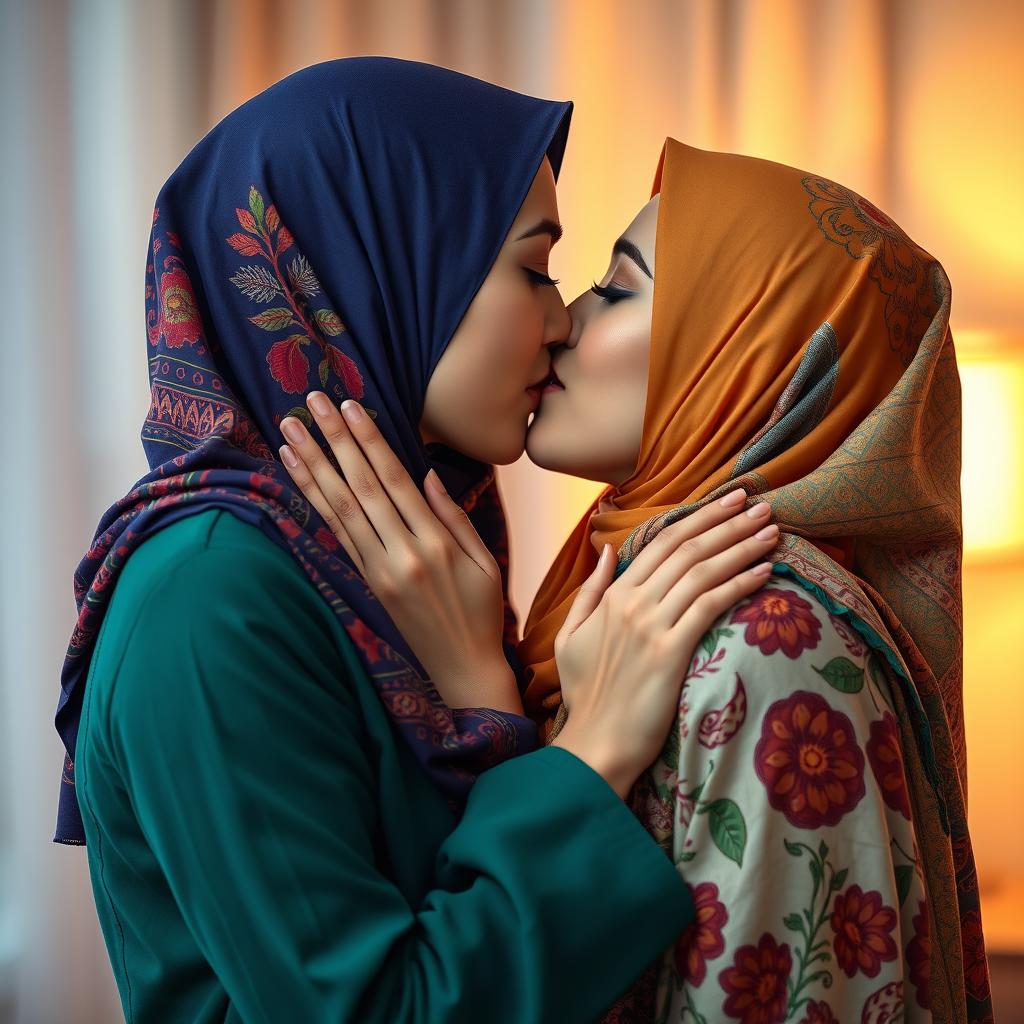 A vibrant scene featuring two women wearing elegant hijabs, passionately kissing in an intimate setting