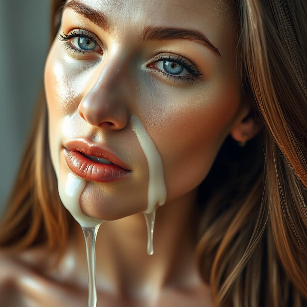 A close-up portrait of a woman with beautiful features and flawless skin, with transparent milk or oil dripping down her face, creating a glossy texture that reflects light