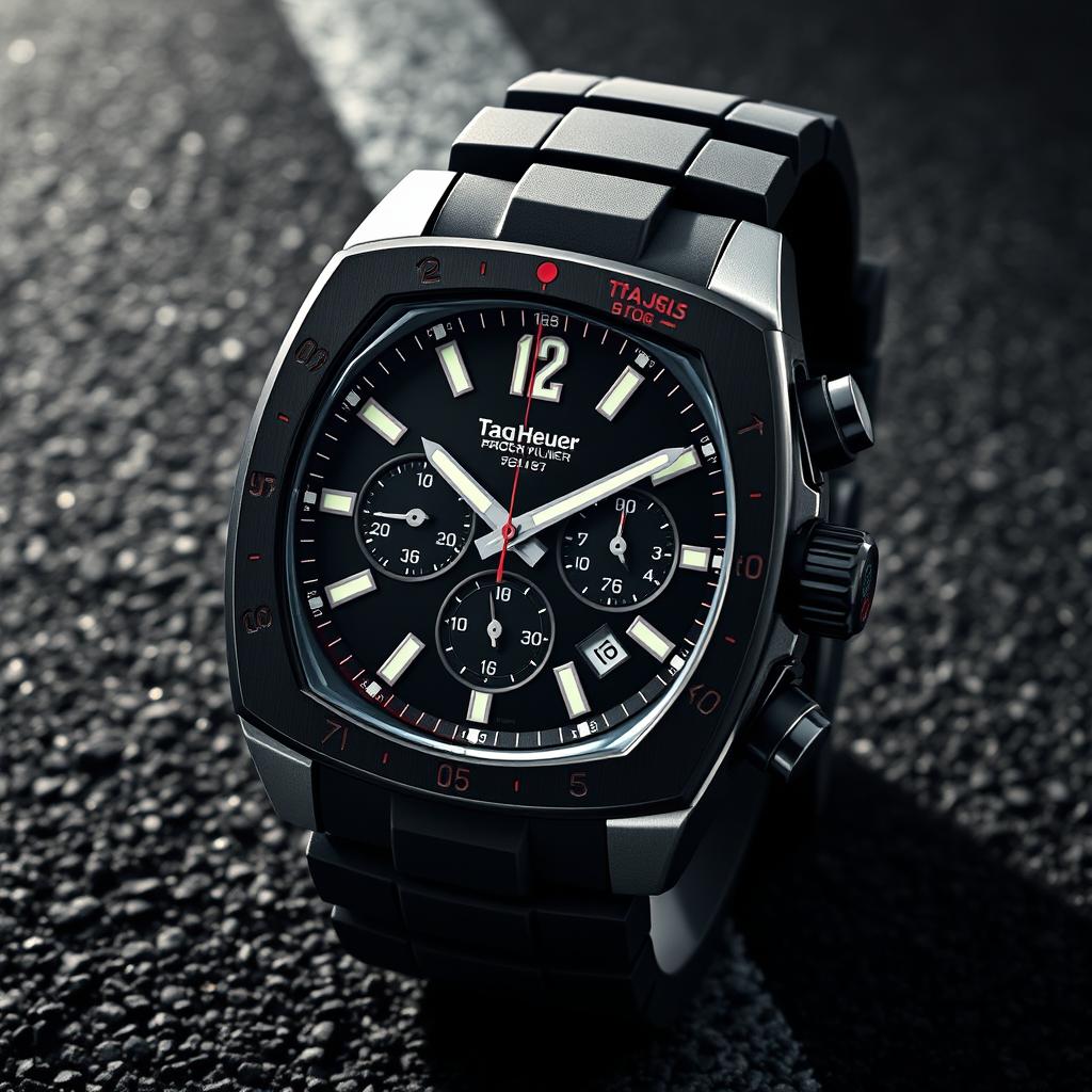 A sporty wristwatch inspired by the iconic Tag Heuer Monaco design, featuring a robust square stainless steel case with a rugged black chronograph dial adorned with luminous hands and markers for excellent visibility
