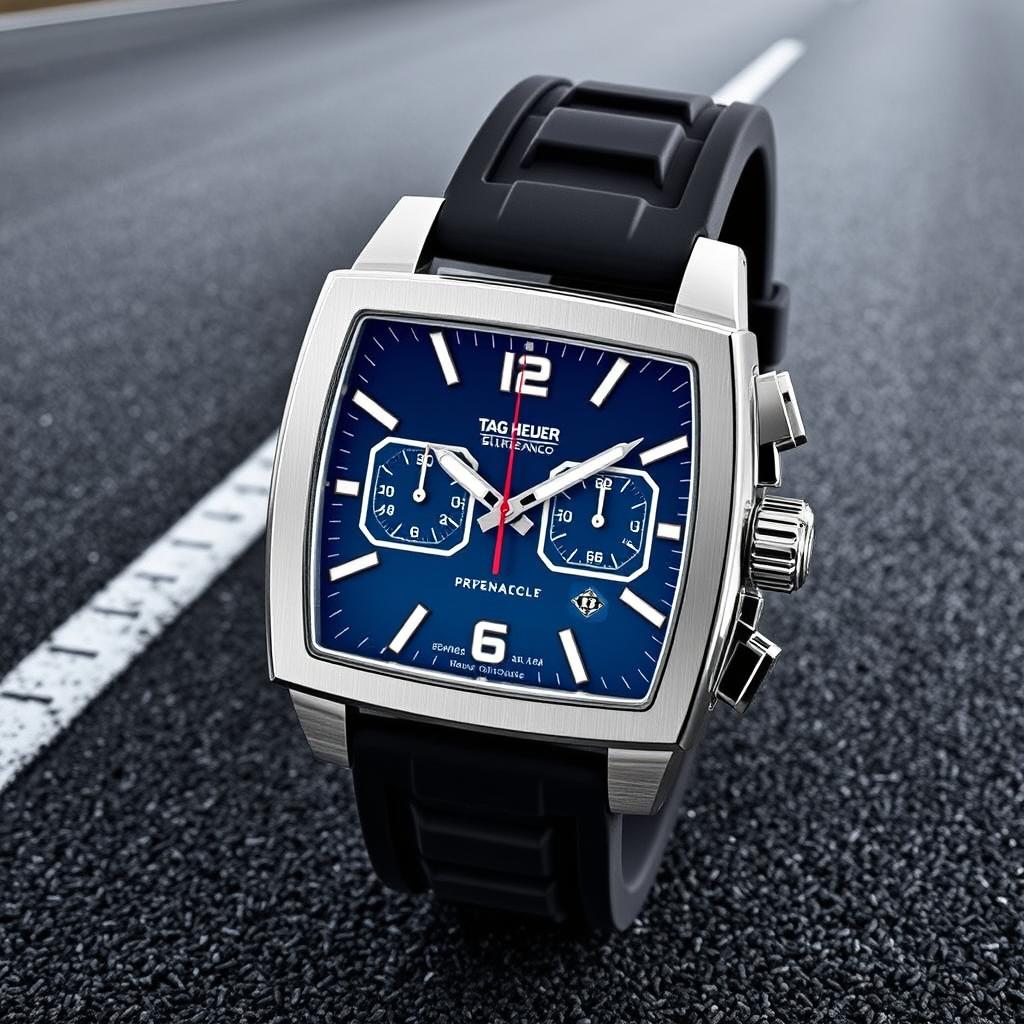 A sporty wristwatch inspired by the Tag Heuer Monaco, featuring a robust square stainless steel case designed for high performance