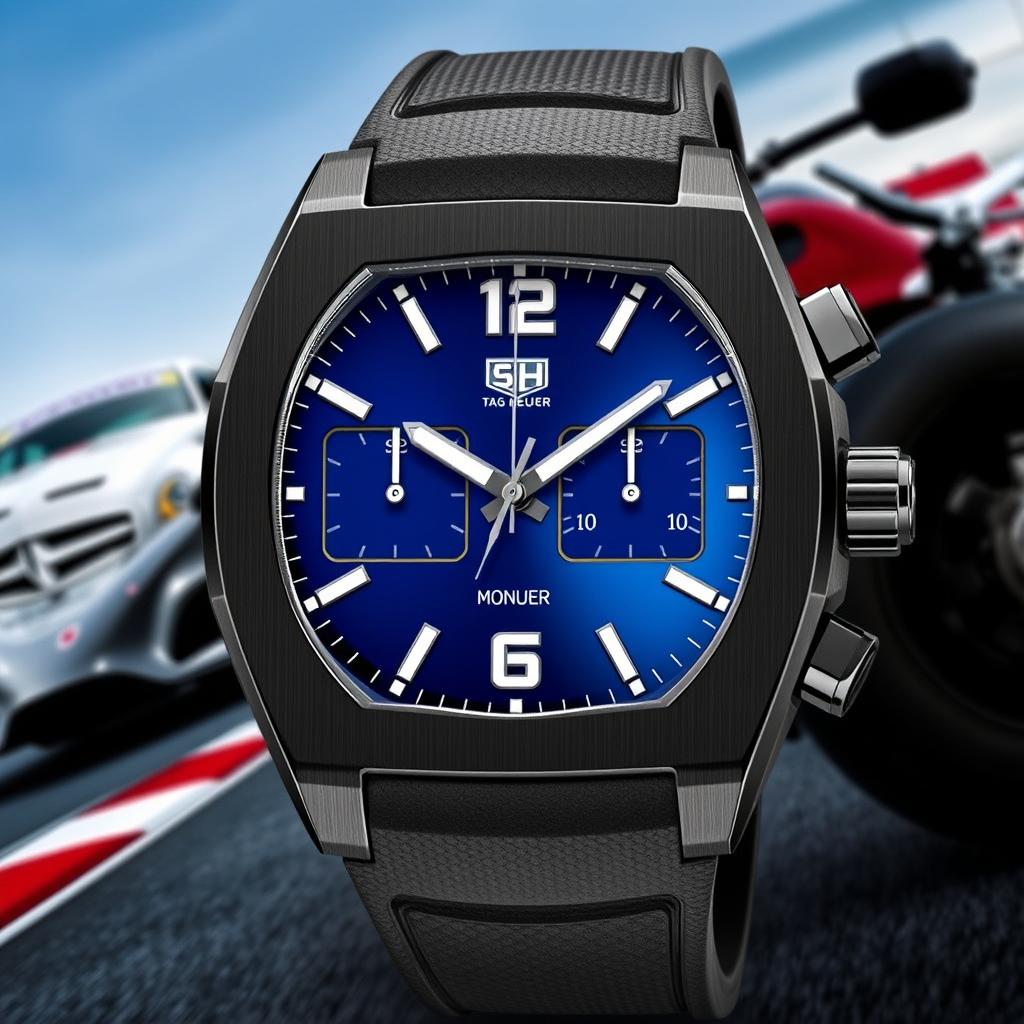 A sporty wristwatch inspired by the Tag Heuer Monaco design, featuring a durable black titanium case that provides a sleek and modern look