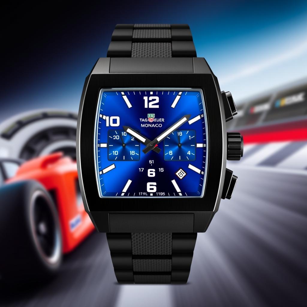A sporty wristwatch inspired by the design of the Tag Heuer Monaco, featuring a sleek black titanium case in a perfect square shape, emphasizing durability and modern aesthetics