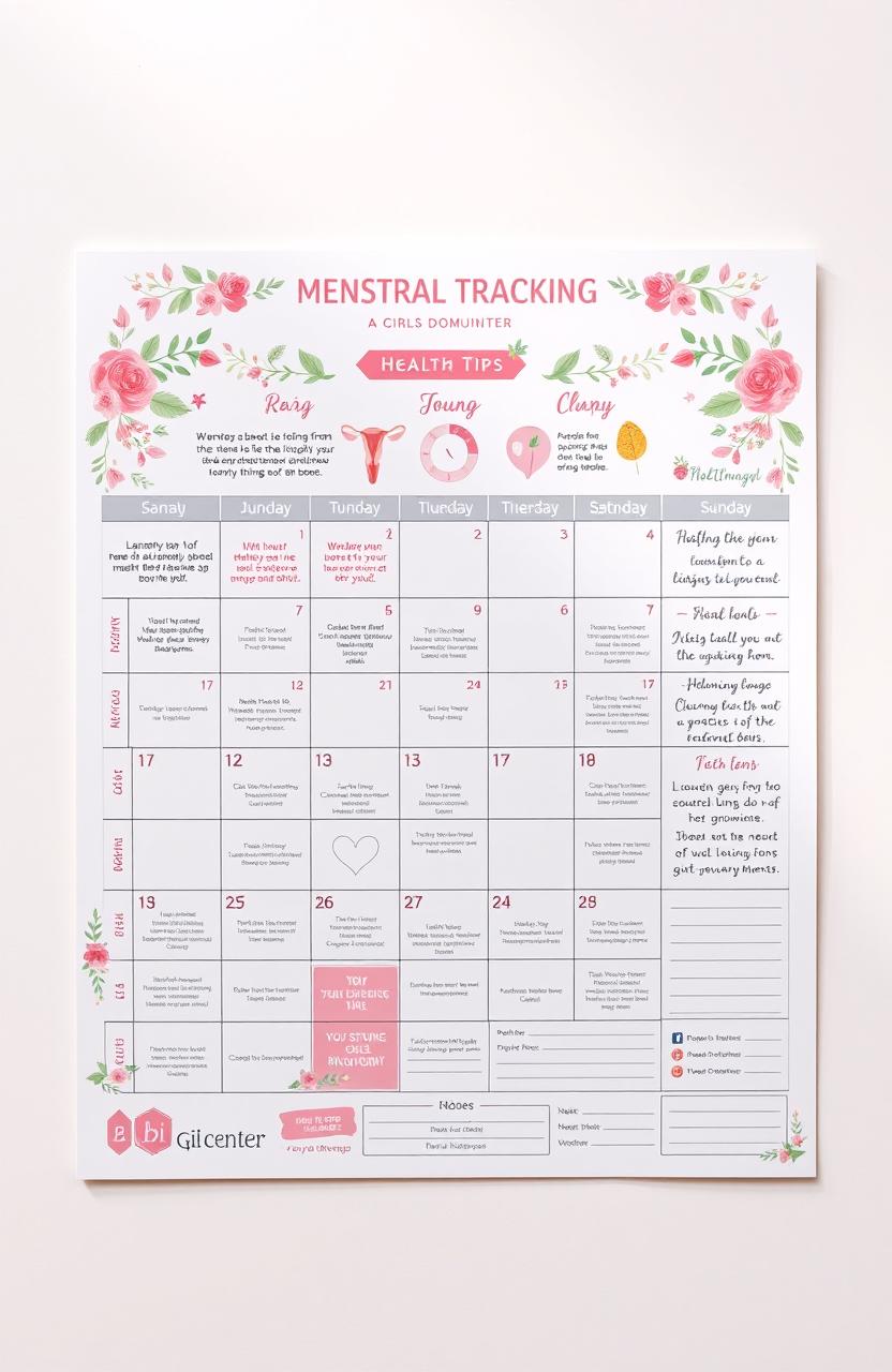 A detailed and elegant calendar design featuring menstral cycle tracking specifically for a girls dormitory at Abi Center