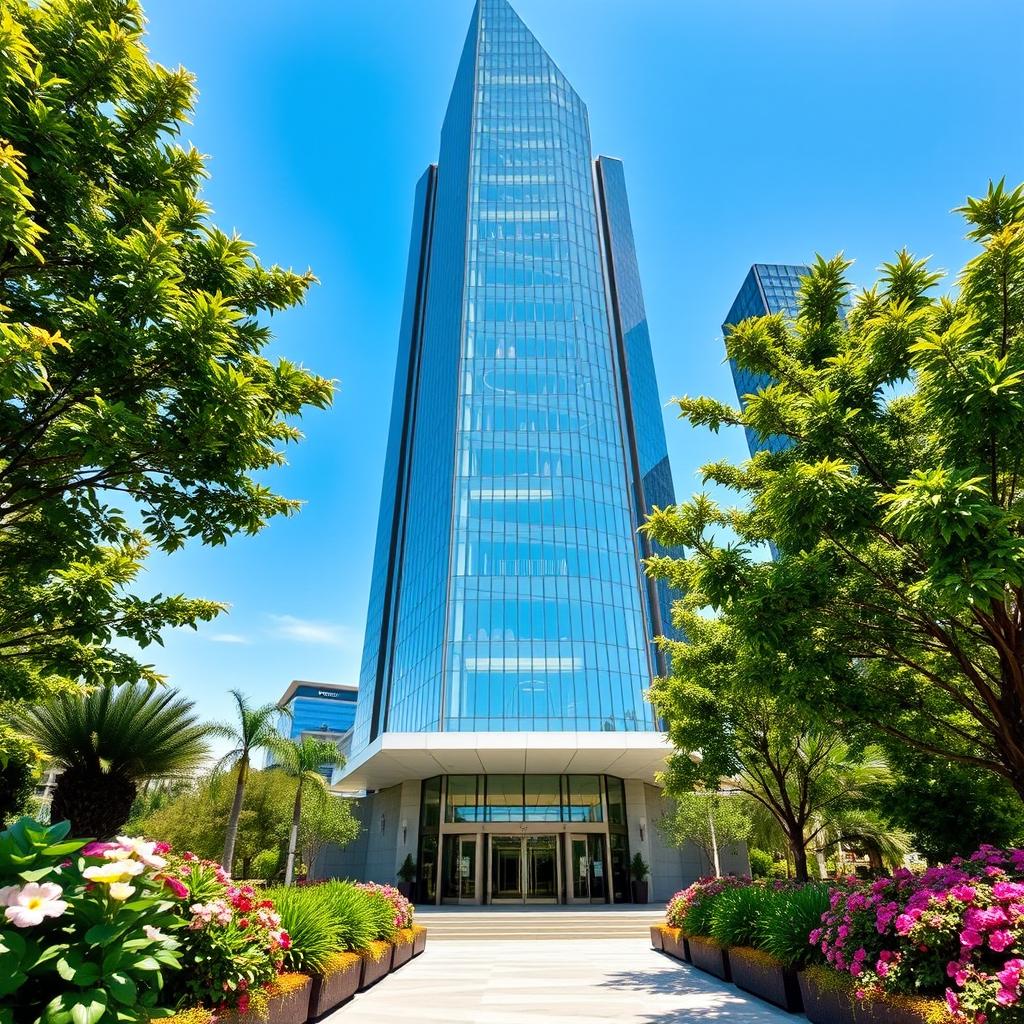 A stunning modern building, towering with a sleek glass facade that reflects the sunlight, surrounded by lush greenery and vibrant flowers in a beautiful urban landscape