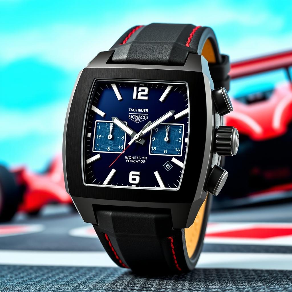 A sporty wristwatch inspired by the Tag Heuer Monaco, featuring a robust black titanium case in a perfect square shape, highlighting durability and modern aesthetics