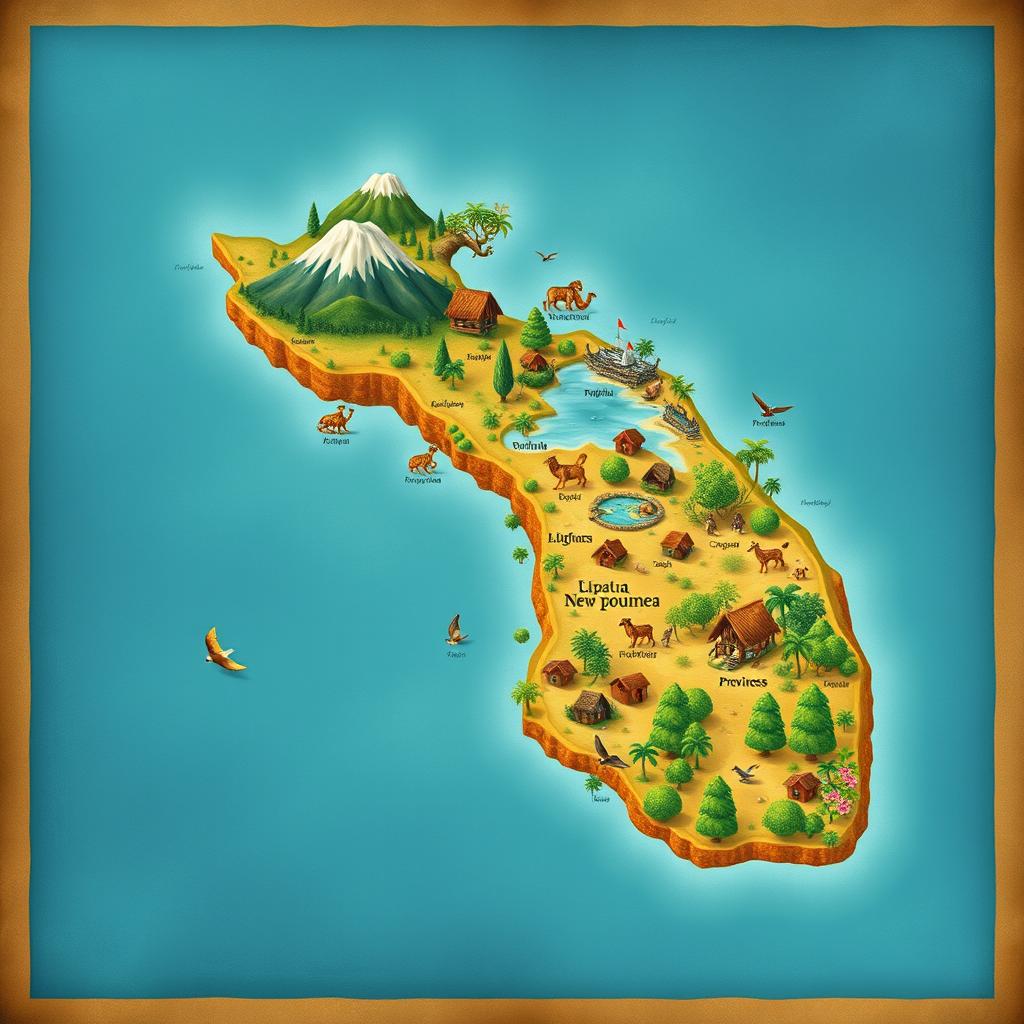 A detailed illustrated map of Papua New Guinea, showcasing each province with unique icons representing cultural features
