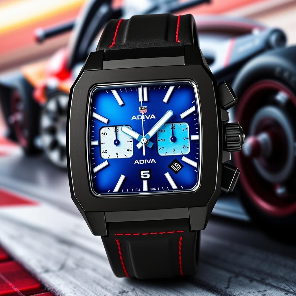 A sporty wristwatch inspired by the Tag Heuer Monaco, featuring a robust black titanium case in a perfect square shape, showcasing a modern and sporty aesthetic