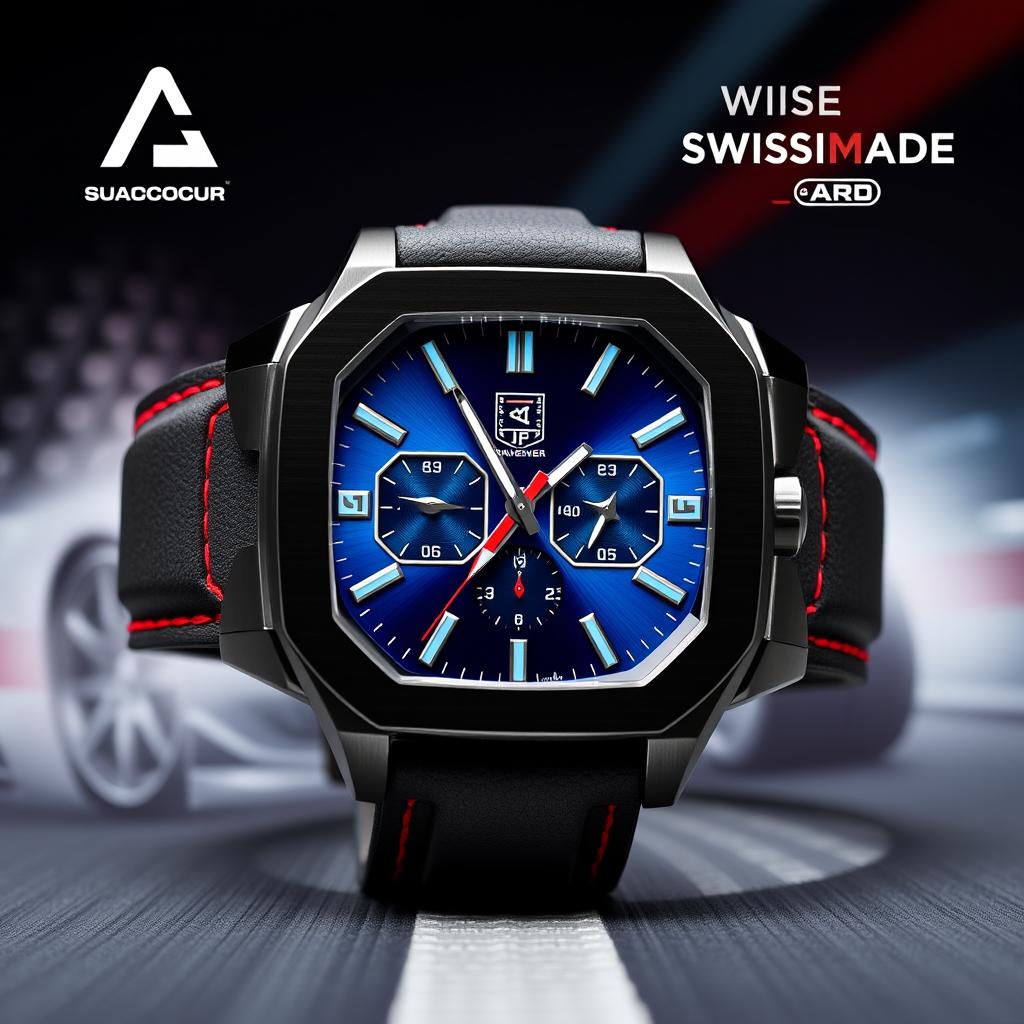 A sporty wristwatch inspired by the Tag Heuer Monaco, designed with a slim black titanium case in a perfect square shape, ensuring a sleek appearance without being too broad on the sides