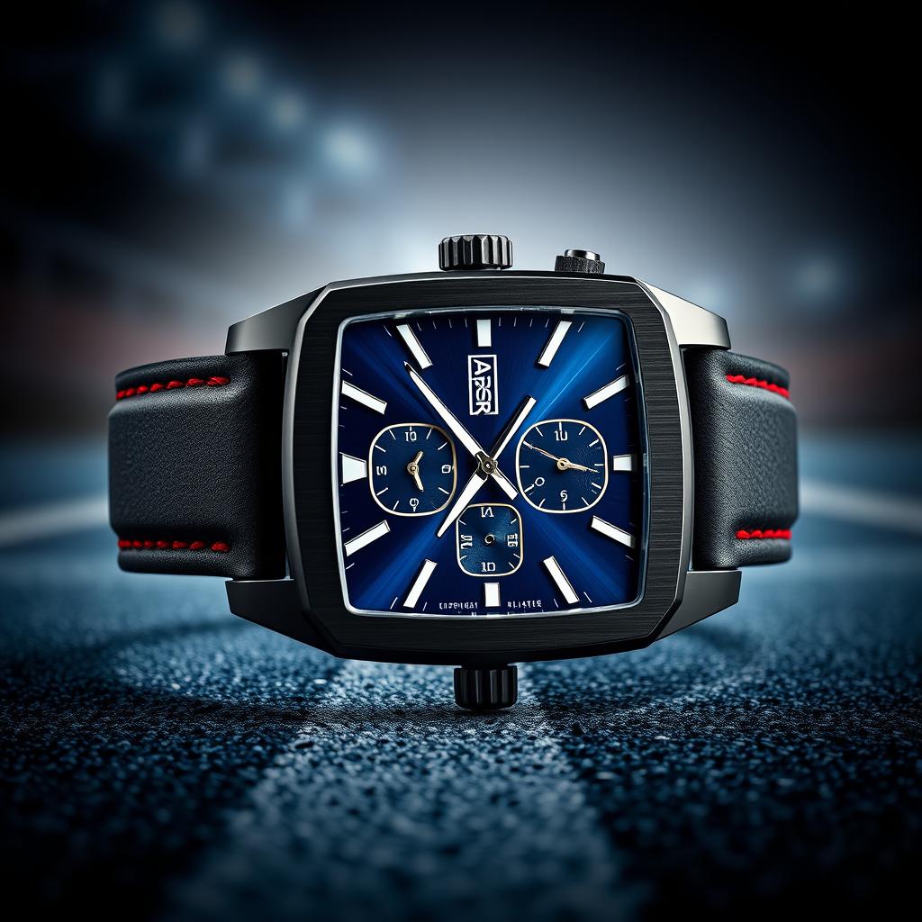 A sporty wristwatch inspired by the Tag Heuer Monaco, designed for an athletic look with a slim black titanium case in a perfect square shape, ensuring it is not too broad on the sides
