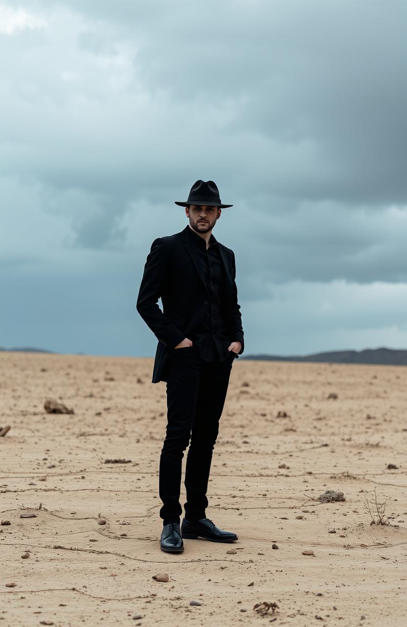 An empty land featuring a solitary figure dressed completely in black, including a stylish fedora hat
