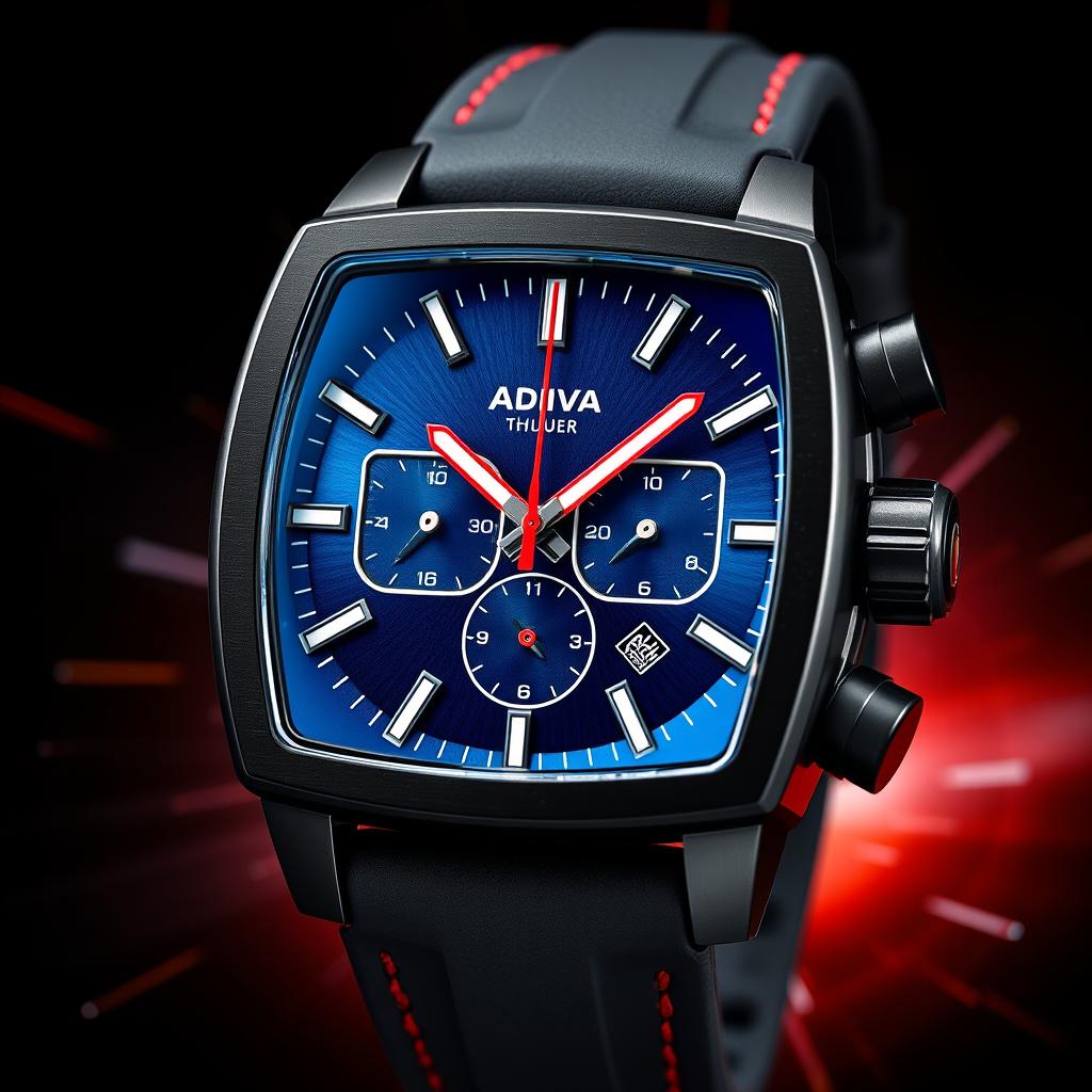 A sporty wristwatch inspired by the Tag Heuer Monaco, designed with a sleek black titanium case that is perfectly square in shape, exuding a modern and athletic appeal