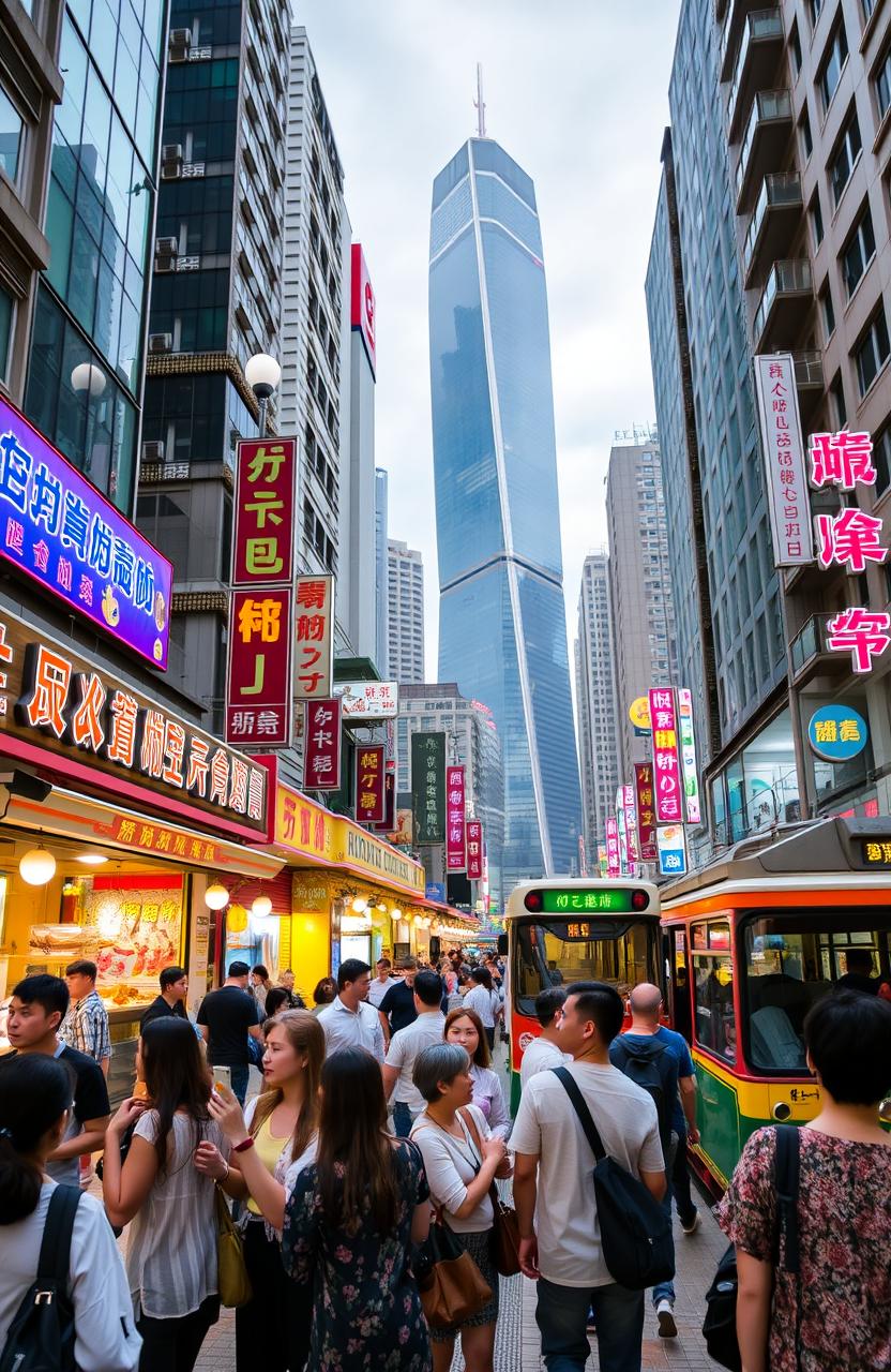 A vibrant street scene of Hong Kong showcasing the lifestyle of its residents, featuring a mix of modern skyscrapers and traditional markets