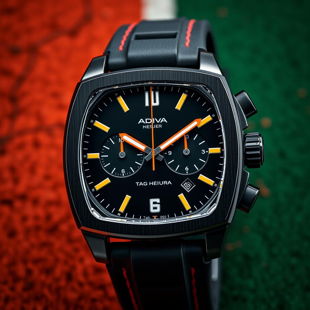 A sporty wristwatch inspired by the Tag Heuer Monaco, featuring a striking black dial that enhances its athletic appeal