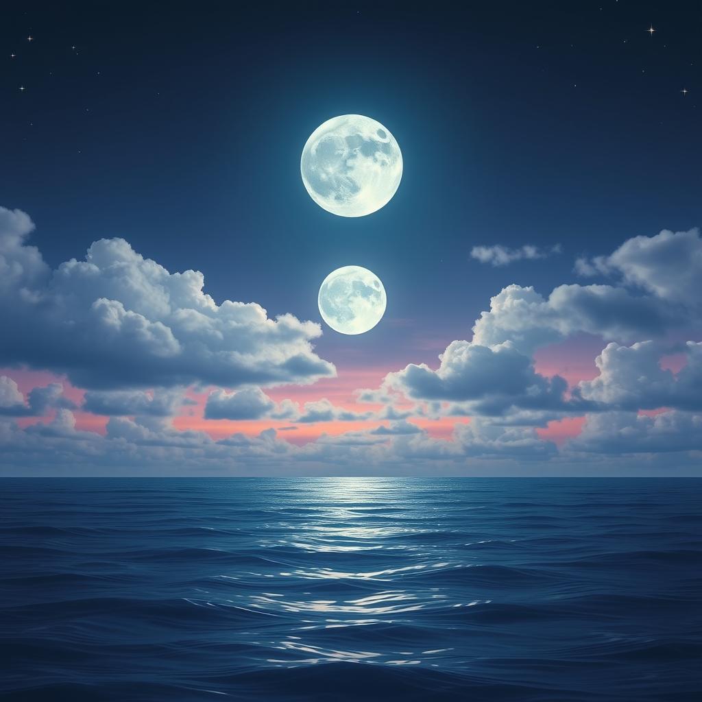 A serene night scene featuring a full moon illuminating a beautiful sky filled with soft, fluffy clouds