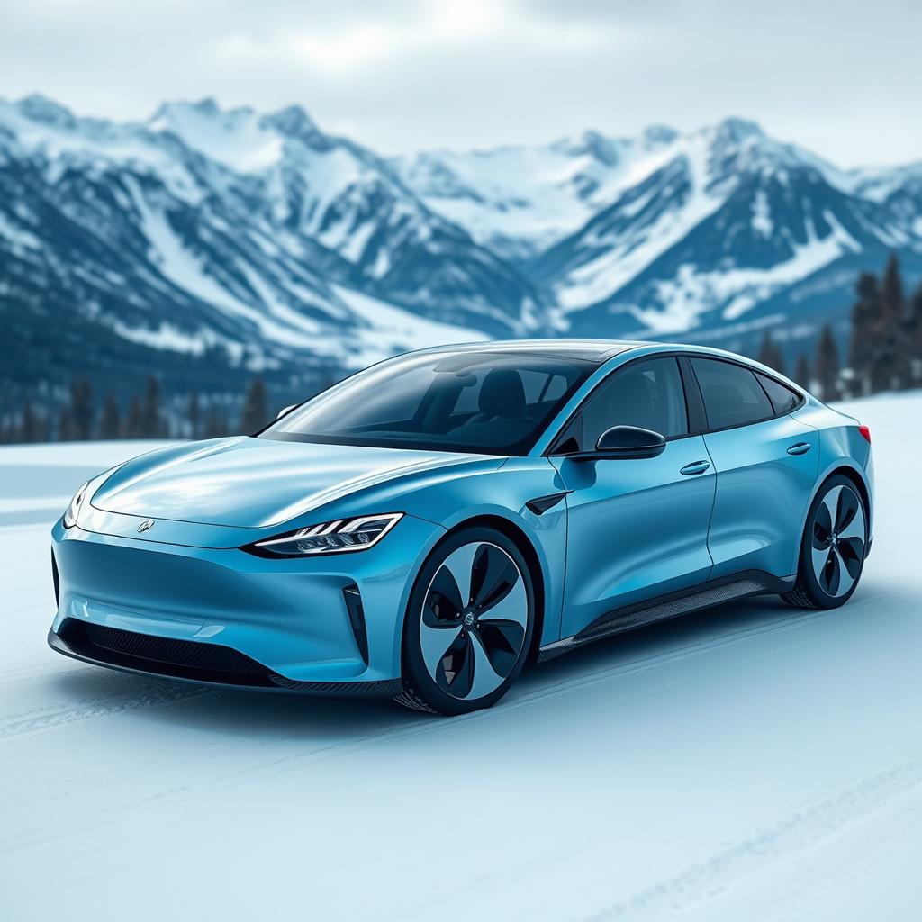 A unique electric sedan with a hyper-realistic, editorial, and fashionable design