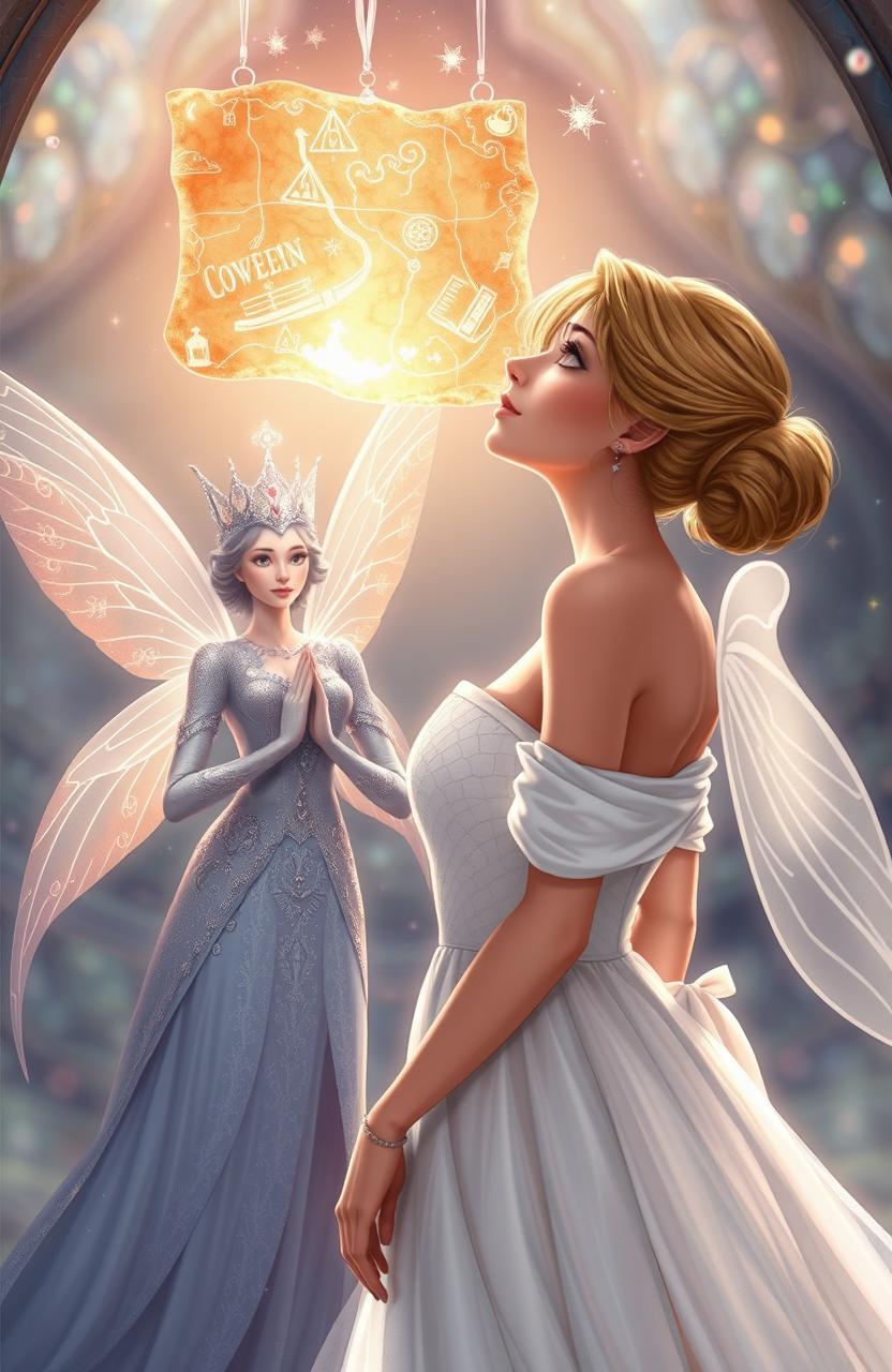 A stunning illustration of a beautiful woman named Raine Elowen, with her hair elegantly tied back, wearing a luxurious, fairy-like white gown