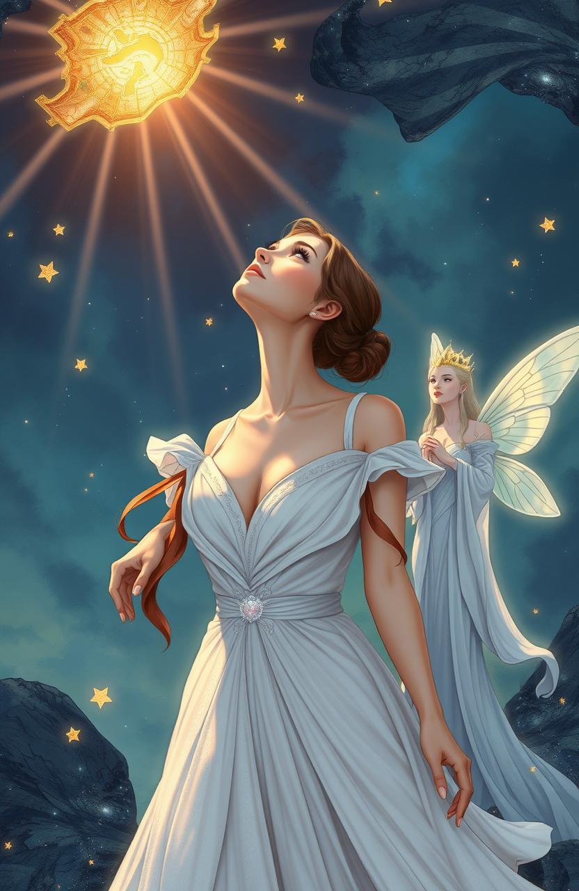 A stunning illustration titled "Raine Elowen" by Fatimah Azzahro, featuring a beautiful woman with her hair tied back, wearing an elegant, luxurious white fairy dress
