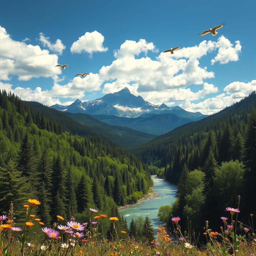 A breathtaking landscape showcasing the beauty of nature, featuring lush green forests, a majestic mountain range in the background, a clear blue sky sprinkled with fluffy white clouds, and a serene river winding through the valley, reflecting the sunlight