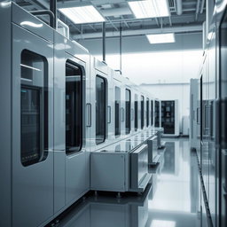 A modern and elegant scene focused on lithium-ion technology, depicting a sophisticated production facility without any workers present