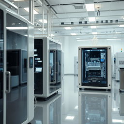 A modern and elegant scene focused on lithium-ion technology, depicting a sophisticated production facility without any workers present