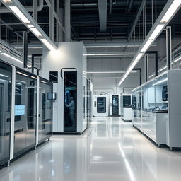 A modern and elegant scene focused on lithium-ion technology, depicting a sophisticated production facility without any workers present
