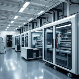 A modern and elegant scene focused on lithium-ion technology, depicting a sophisticated production facility without any workers present
