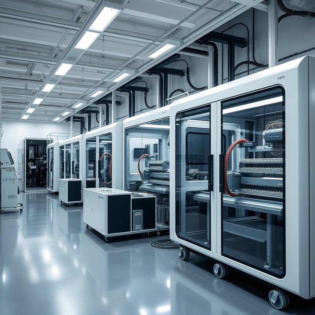 A modern and elegant scene focused on lithium-ion technology, depicting a sophisticated production facility without any workers present