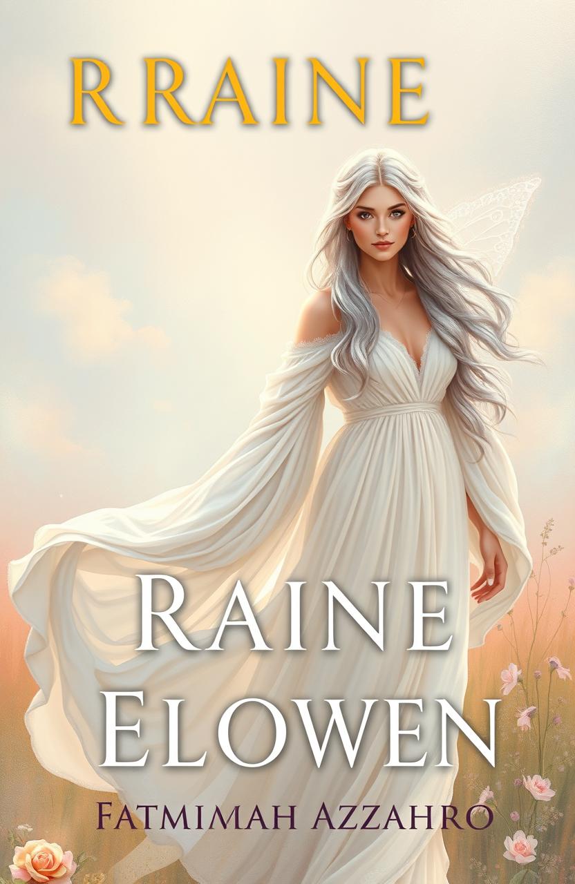 A stunning book cover design for 'Raine Elowen' by Fatimah Azzahro, featuring a beautiful woman dressed in flowing white clothes, surrounded by soft pastel colors reminiscent of Impressionist paintings