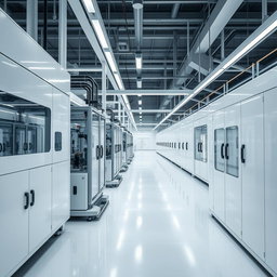A contemporary and sophisticated scene centered around lithium-ion technology, showcasing a state-of-the-art manufacturing facility devoid of workers