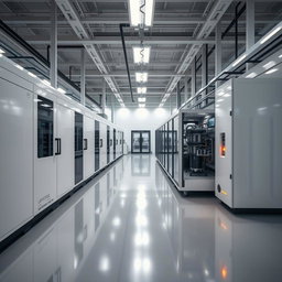 A contemporary and sophisticated scene centered around lithium-ion technology, showcasing a state-of-the-art manufacturing facility devoid of workers