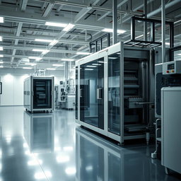 A contemporary and sophisticated scene centered around lithium-ion technology, showcasing a state-of-the-art manufacturing facility devoid of workers