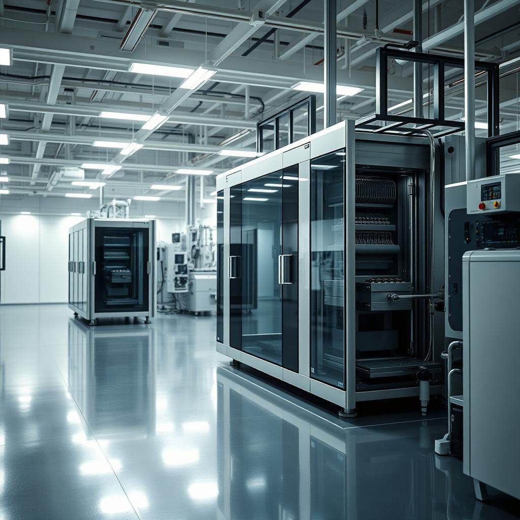 A contemporary and sophisticated scene centered around lithium-ion technology, showcasing a state-of-the-art manufacturing facility devoid of workers