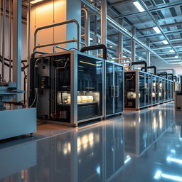 A contemporary and sophisticated scene centered around lithium-ion technology, showcasing a state-of-the-art manufacturing facility devoid of workers