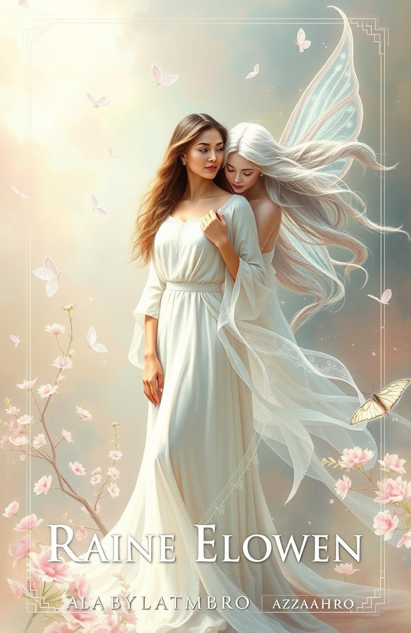 A stunning book cover design for 'Raine Elowen' by Fatimah Azzahro, featuring a harmonious blend of soft pastel colors reminiscent of Impressionist paintings