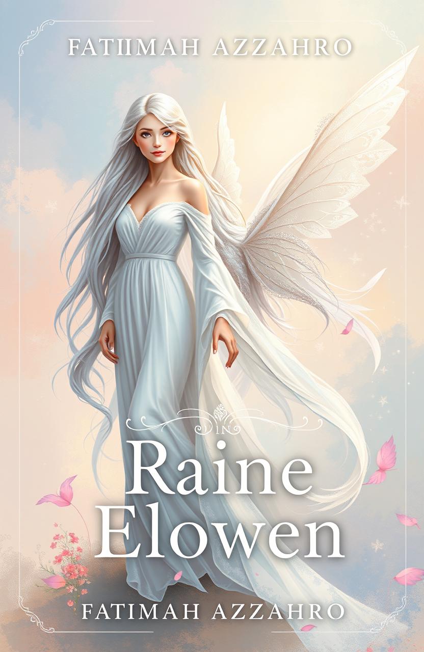 A stunning book cover design for 'Raine Elowen' by Fatimah Azzahro, featuring a ethereal woman dressed in flowing white clothes, standing gracefully next to another character resembling a fairy queen with long, shimmering silver hair