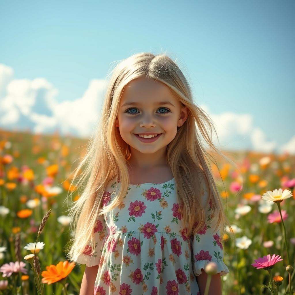 The most beautiful and fair-skinned girl on Earth, featuring long flowing hair, bright blue eyes, and a radiant smile
