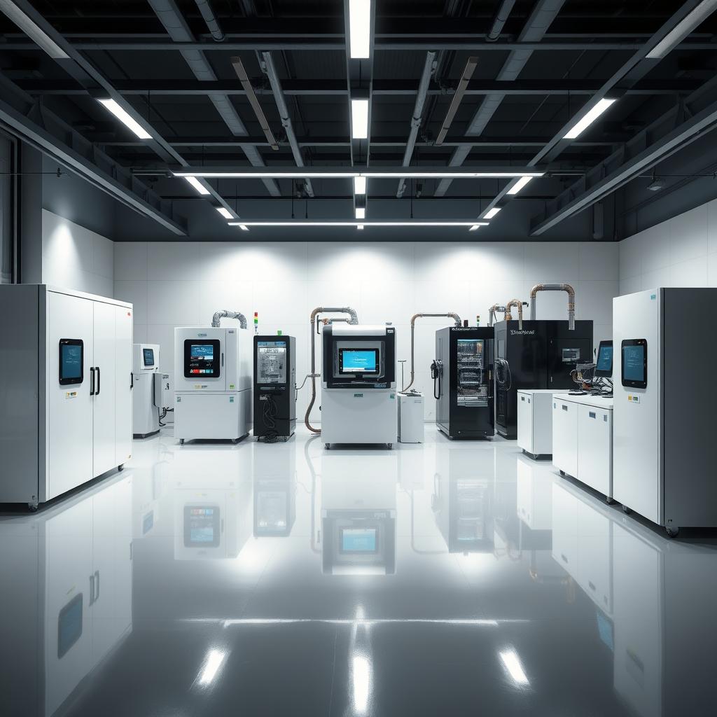 A contemporary and sophisticated scene focused on lithium-ion technology, highlighting a cutting-edge manufacturing aspect without the presence of workers