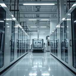 A sleek and modern scene focused on lithium-ion technology, capturing the essence of an advanced production facility with no workers present