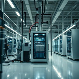 A sleek and modern scene focused on lithium-ion technology, capturing the essence of an advanced production facility with no workers present