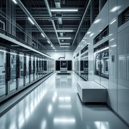 A sleek and modern scene focused on lithium-ion technology, capturing the essence of an advanced production facility with no workers present
