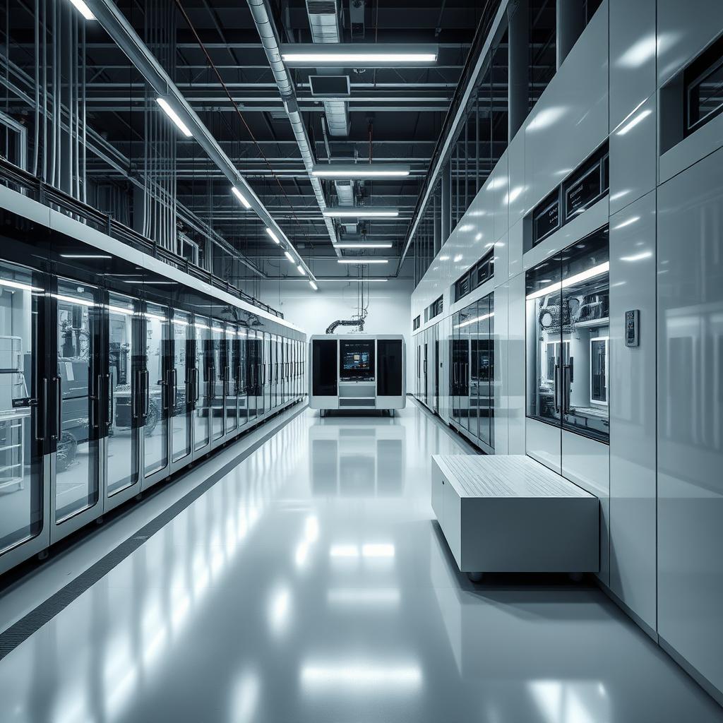 A sleek and modern scene focused on lithium-ion technology, capturing the essence of an advanced production facility with no workers present